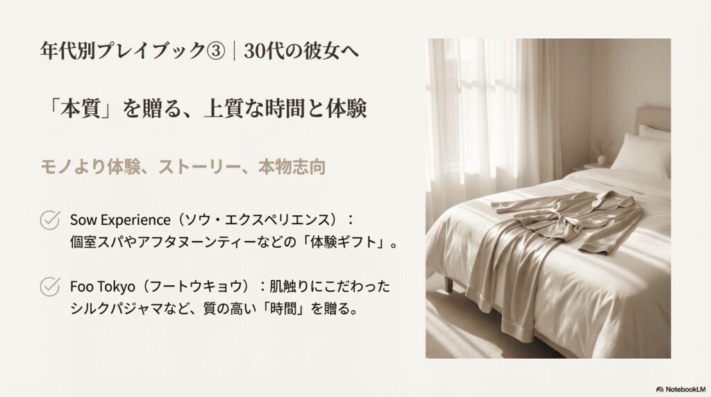 30代の彼女へのプレゼントにおすすめの上質なFoo Tokyoシルクパジャマとベッドルームのイメージ