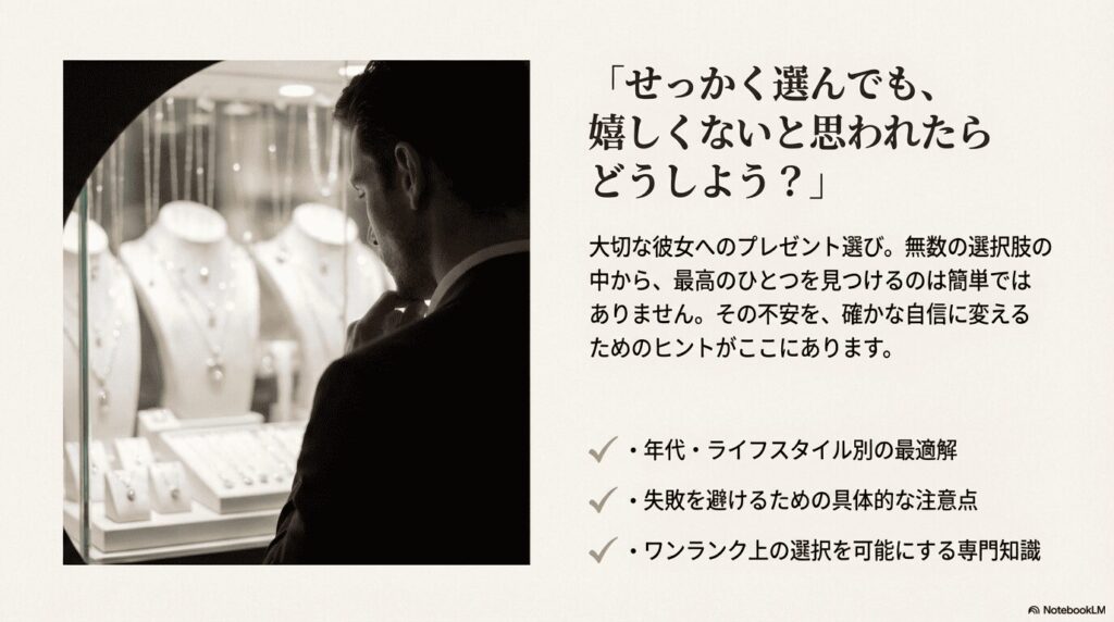 ショーケースの前で彼女へのプレゼント選びに悩む男性と、失敗への不安を解消するガイドブックのコンセプト