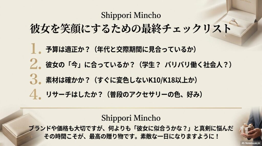 予算、彼女の状況、素材、好みリサーチの4項目を確認するための最終チェックリスト