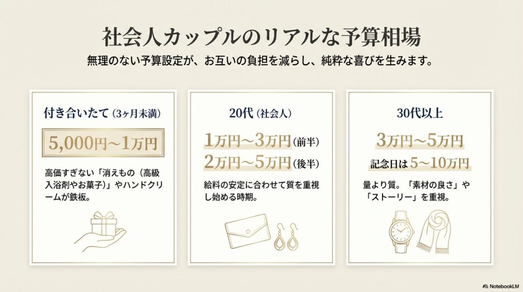 付き合いたて、20代社会人、30代以上のそれぞれの予算相場と特徴をまとめた一覧表