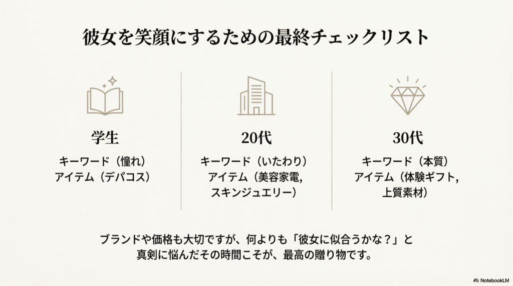 年代別キーワード（憧れ・いたわり・本質）とおすすめアイテムをまとめたプレゼント選びの要点まとめ