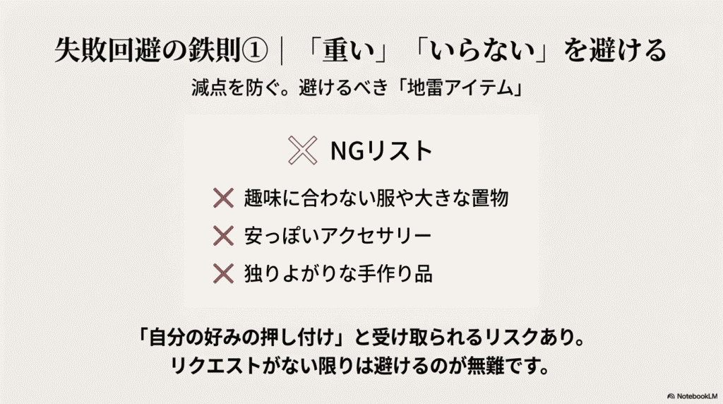 彼女が嬉しくないと感じるNGプレゼントの例（趣味に合わない服、大きな置物、手作り品など）